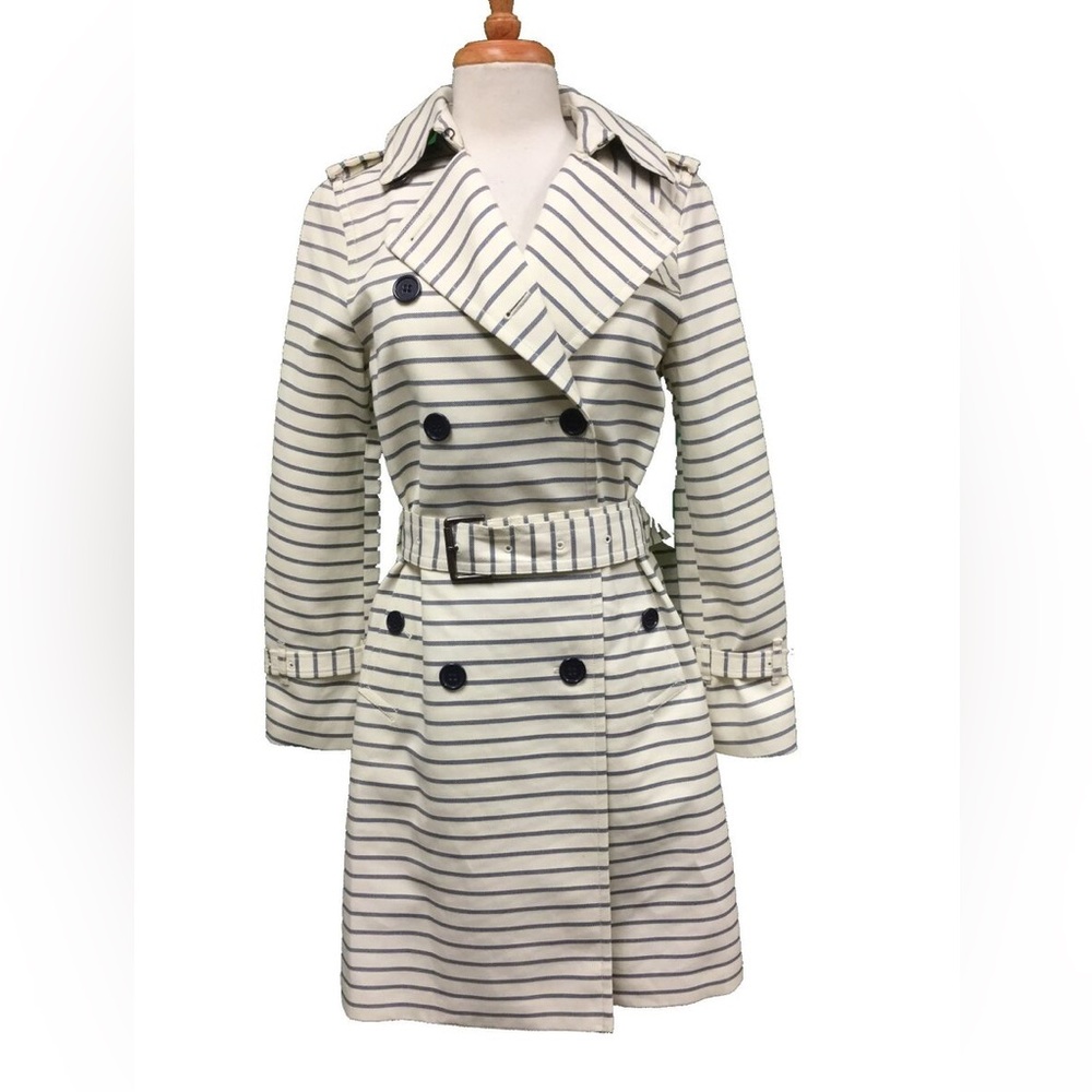 Coach Women's Classic Striped Long Trench Coat Jacket Cream & Navy ⚓️